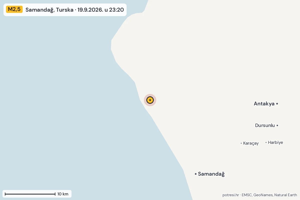 Karta: okolica epicentra, 60 km, potres M2,5, Samandağ, Turska, 19.9.2026.