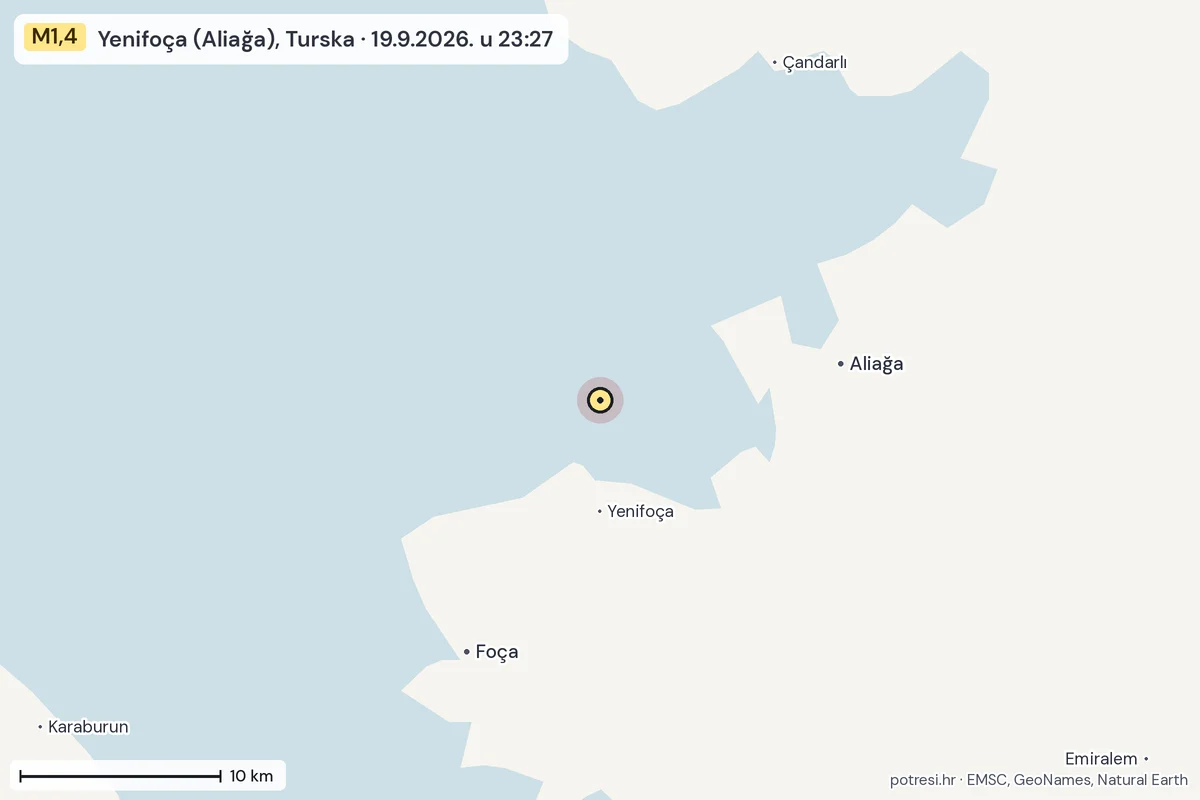 Karta: okolica epicentra, 60 km, potres M1,4, Yenifoça (Aliağa), Turska, 19.9.2026.