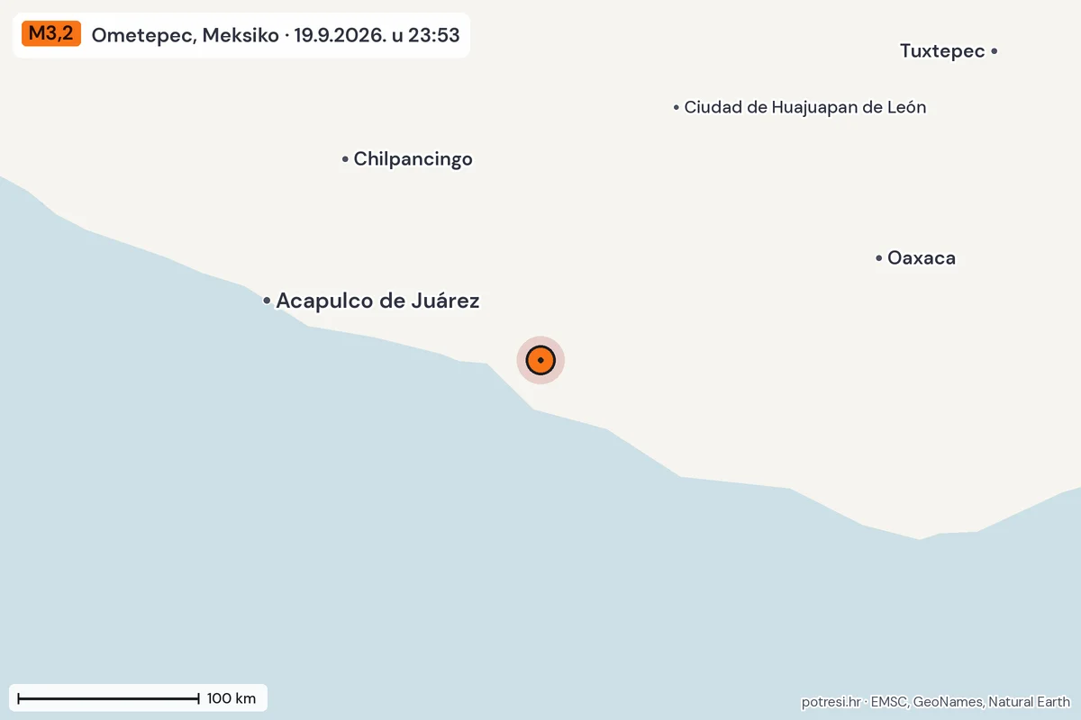 Karta: šire područje, 600 km, potres M3,2, Ometepec, Meksiko, 19.9.2026.