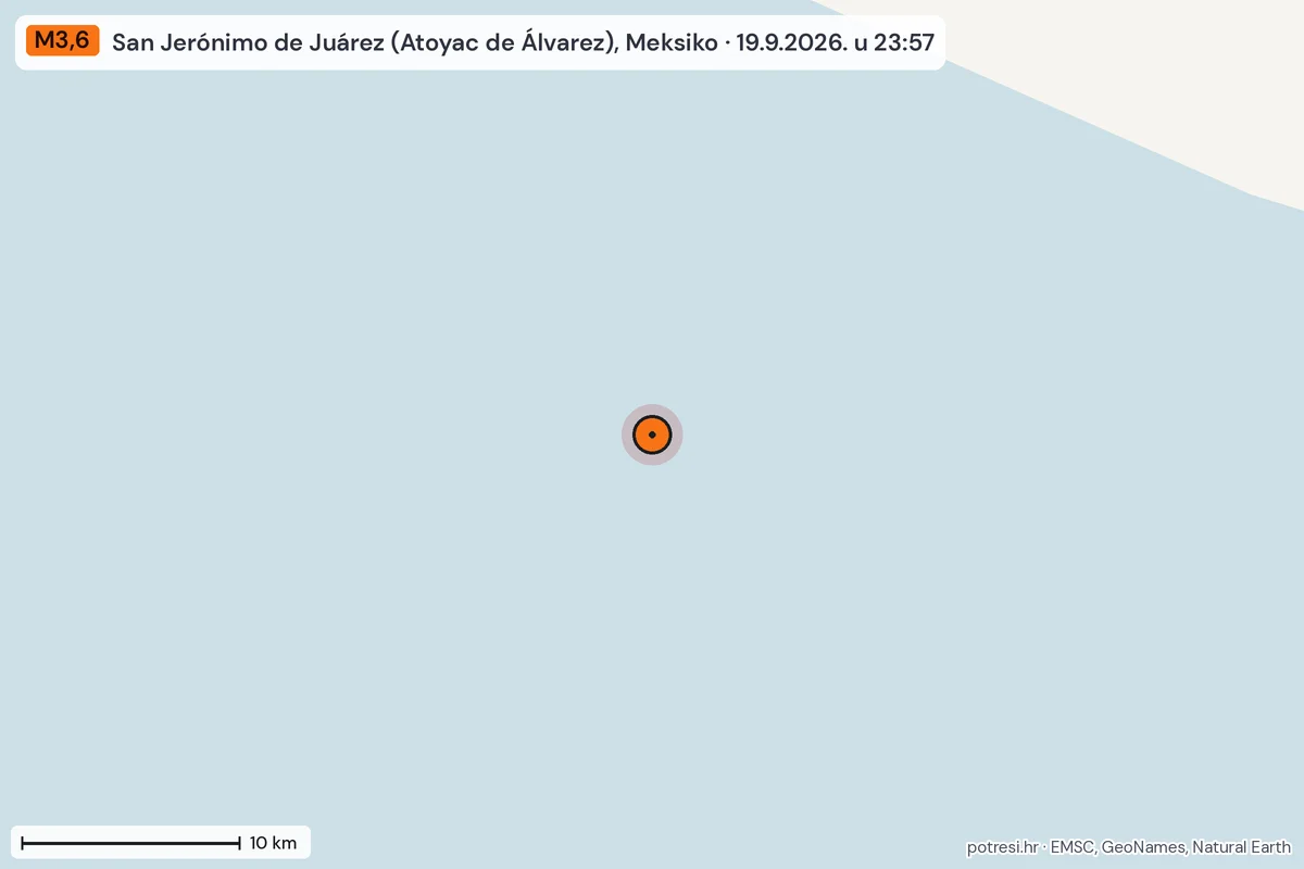 Karta: okolica epicentra, 60 km, potres M3,6, San Jerónimo de Juárez (Atoyac de Álvarez), Meksiko, 19.9.2026.