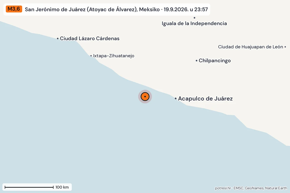 Karta: šire područje, 600 km, potres M3,6, San Jerónimo de Juárez (Atoyac de Álvarez), Meksiko, 19.9.2026.
