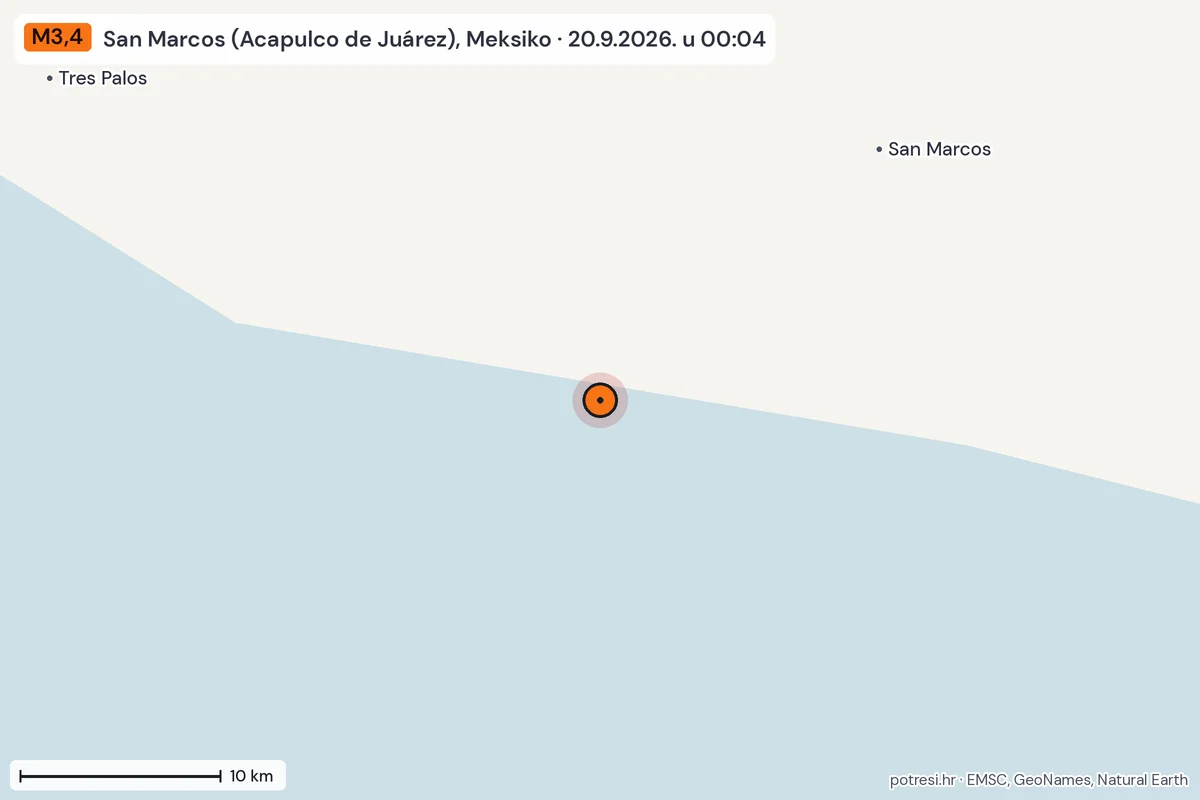 Karta: okolica epicentra, 60 km, potres M3,4, San Marcos (Acapulco de Juárez), Meksiko, 20.9.2026.
