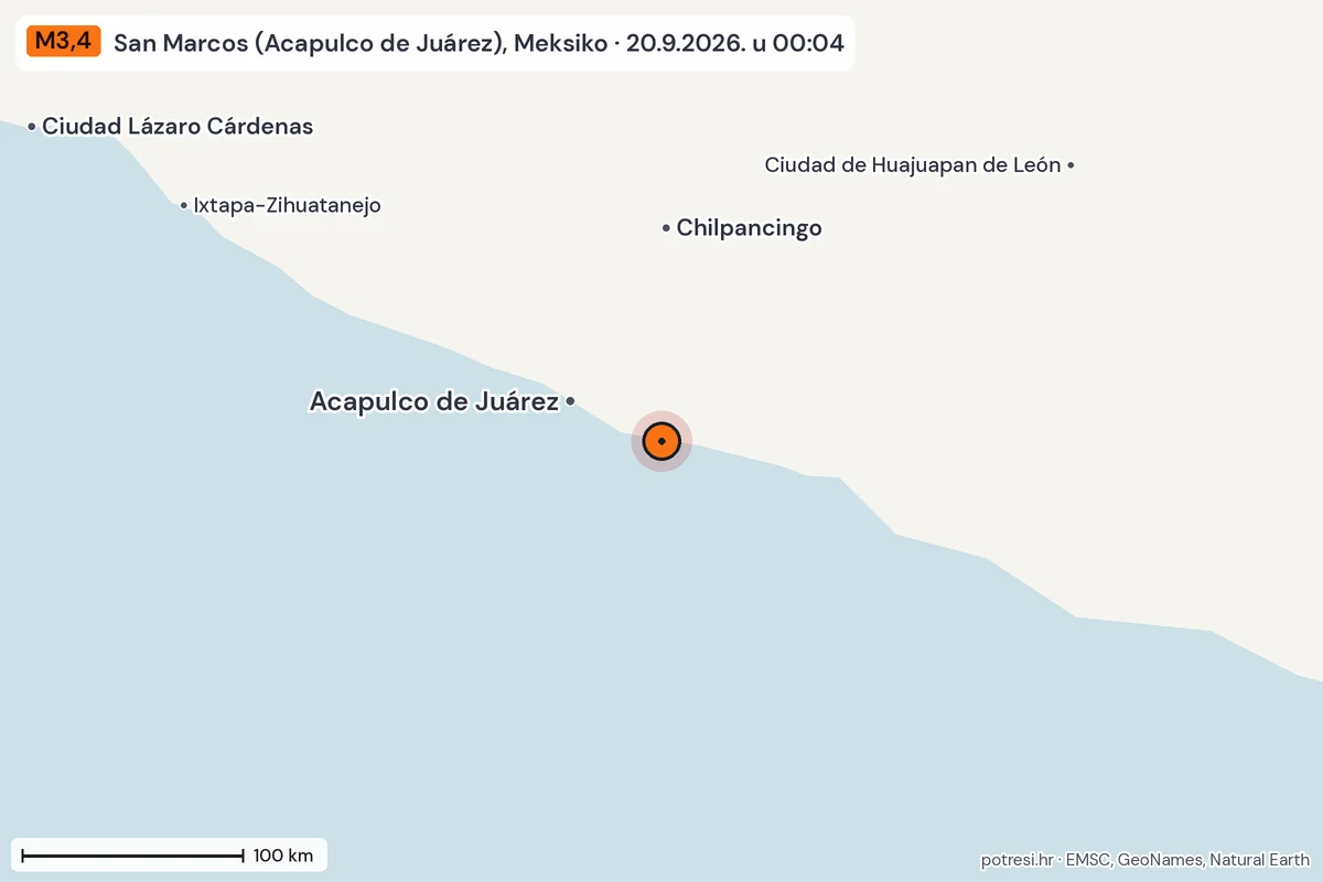 Karta: šire područje, 600 km, potres M3,4, San Marcos (Acapulco de Juárez), Meksiko, 20.9.2026.