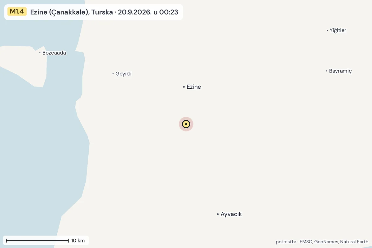 Karta: okolica epicentra, 60 km, potres M1,4, Ezine (Çanakkale), Turska, 20.9.2026.