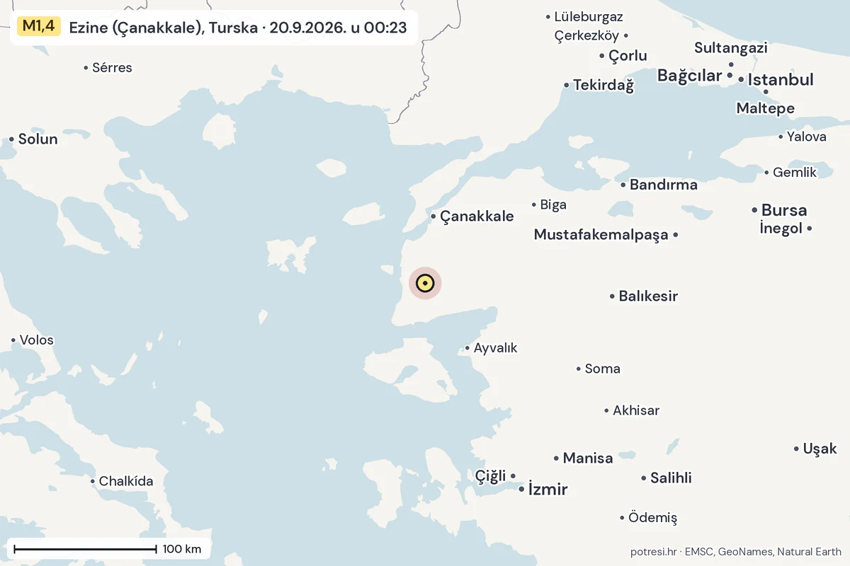 Karta: šire područje, 600 km, potres M1,4, Ezine (Çanakkale), Turska, 20.9.2026.