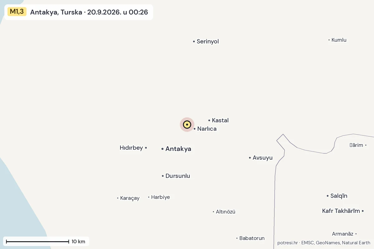 Karta: okolica epicentra, 60 km, potres M1,3, Antakya, Turska, 20.9.2026.