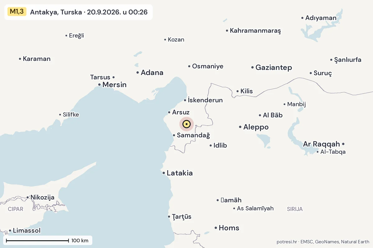 Karta: šire područje, 600 km, potres M1,3, Antakya, Turska, 20.9.2026.