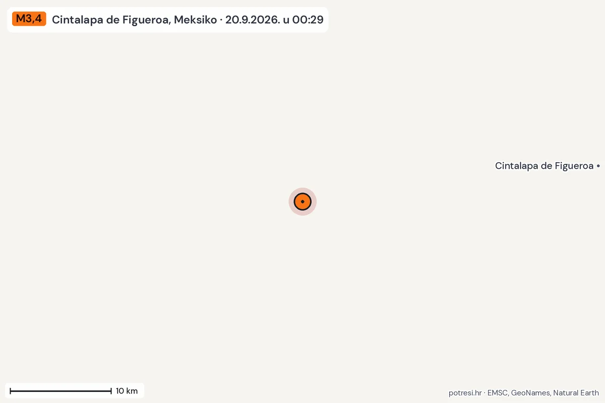 Karta: okolica epicentra, 60 km, potres M3,4, Cintalapa de Figueroa, Meksiko, 20.9.2026.