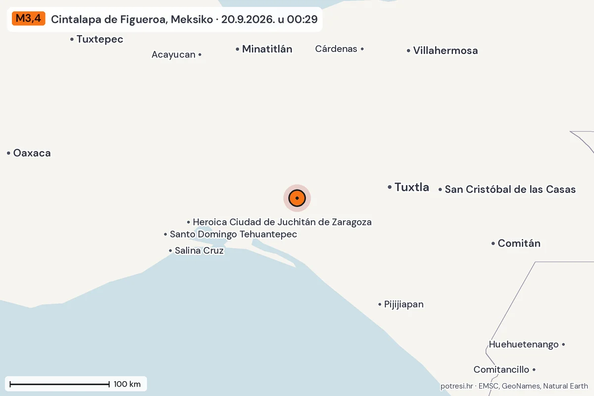 Karta: šire područje, 600 km, potres M3,4, Cintalapa de Figueroa, Meksiko, 20.9.2026.