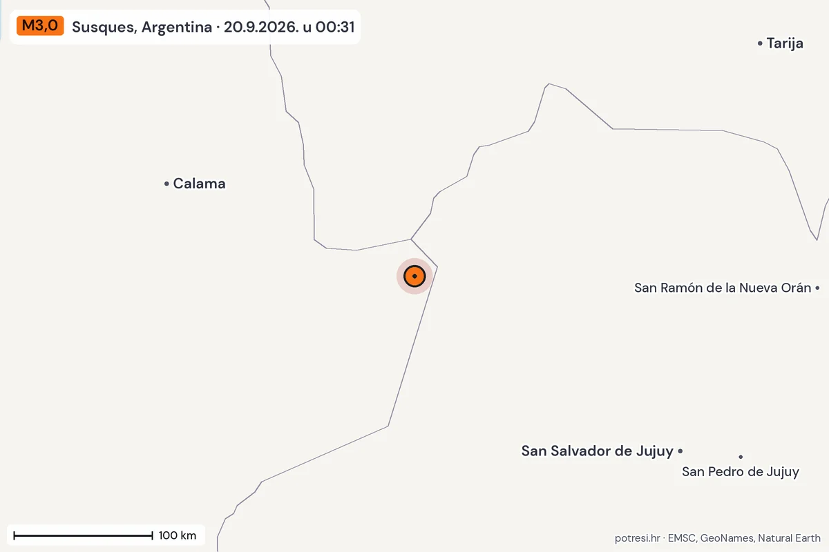Karta: šire područje, 600 km, potres M3,0, Susques, Argentina, 20.9.2026.