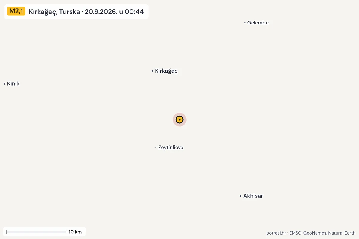 Karta: okolica epicentra, 60 km, potres M2,1, Kırkağaç, Turska, 20.9.2026.