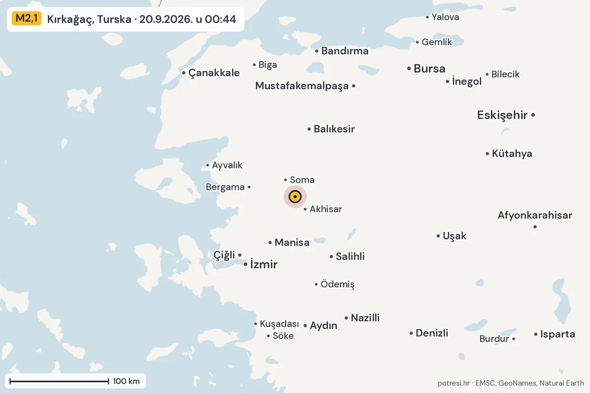 Karta: šire područje, 600 km, potres M2,1, Kırkağaç, Turska, 20.9.2026.