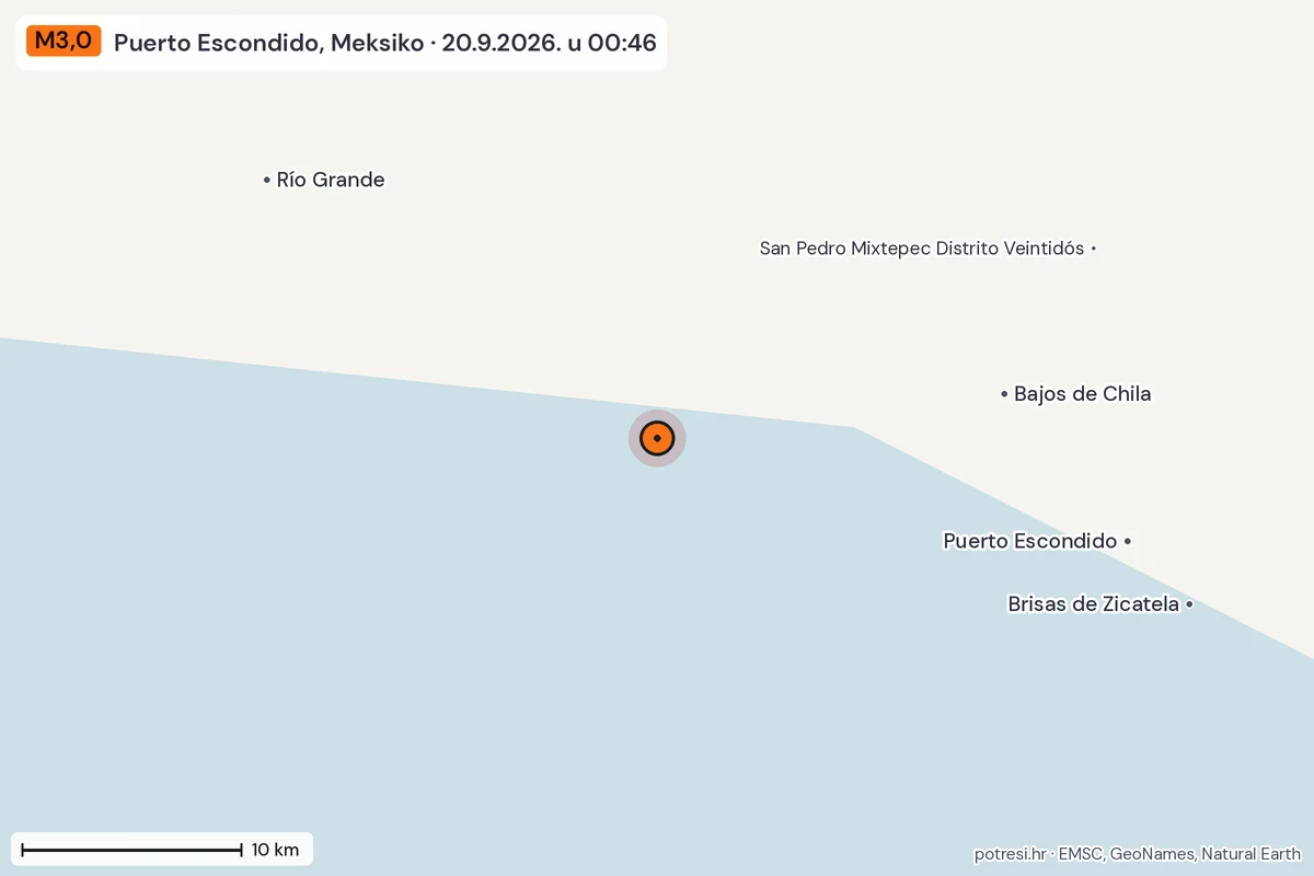 Karta: okolica epicentra, 60 km, potres M3,0, Puerto Escondido, Meksiko, 20.9.2026.