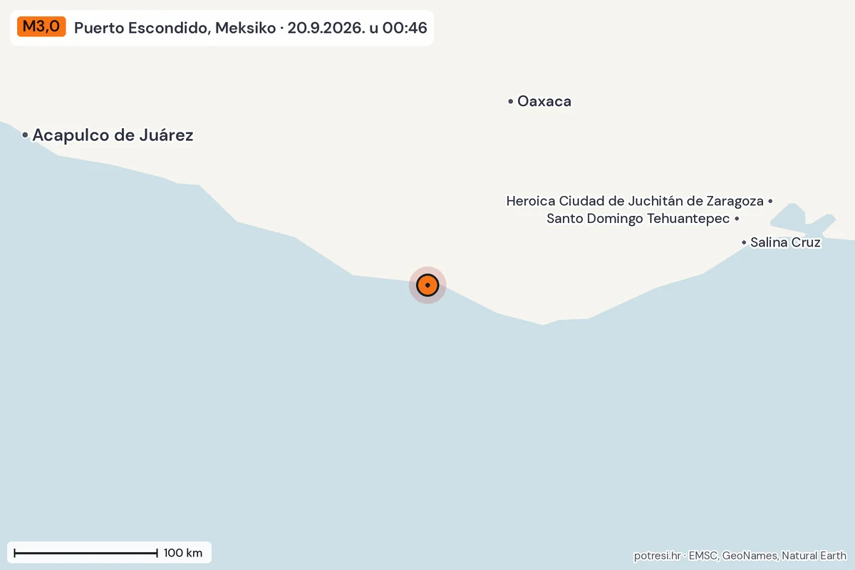 Karta: šire područje, 600 km, potres M3,0, Puerto Escondido, Meksiko, 20.9.2026.