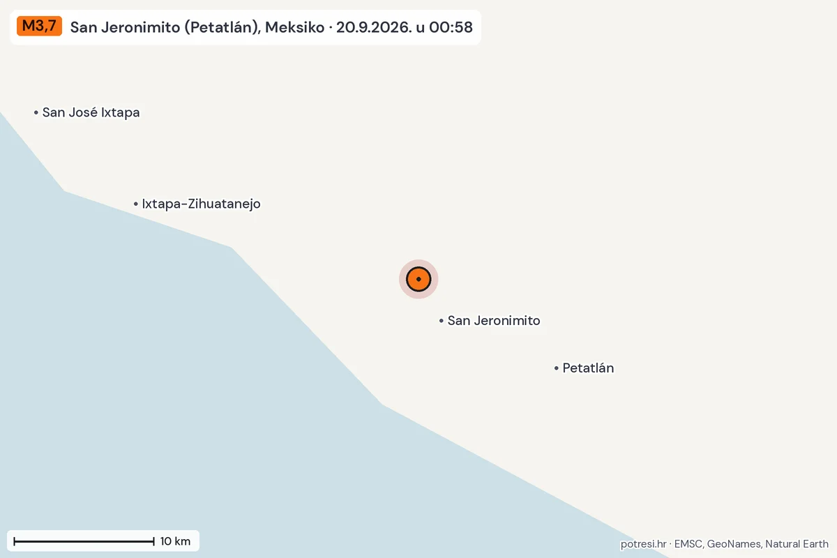 Karta: okolica epicentra, 60 km, potres M3,7, San Jeronimito (Petatlán), Meksiko, 20.9.2026.