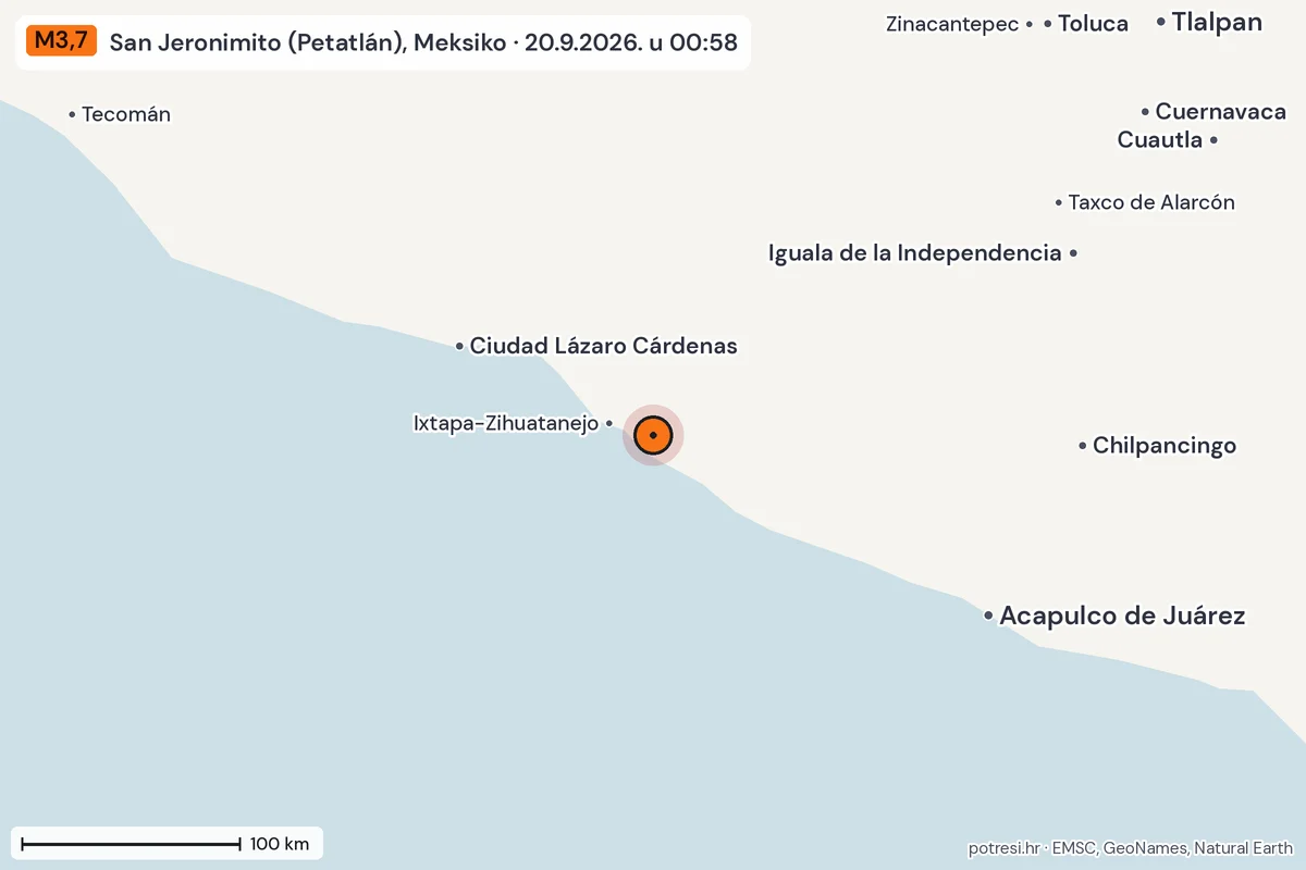 Karta: šire područje, 600 km, potres M3,7, San Jeronimito (Petatlán), Meksiko, 20.9.2026.