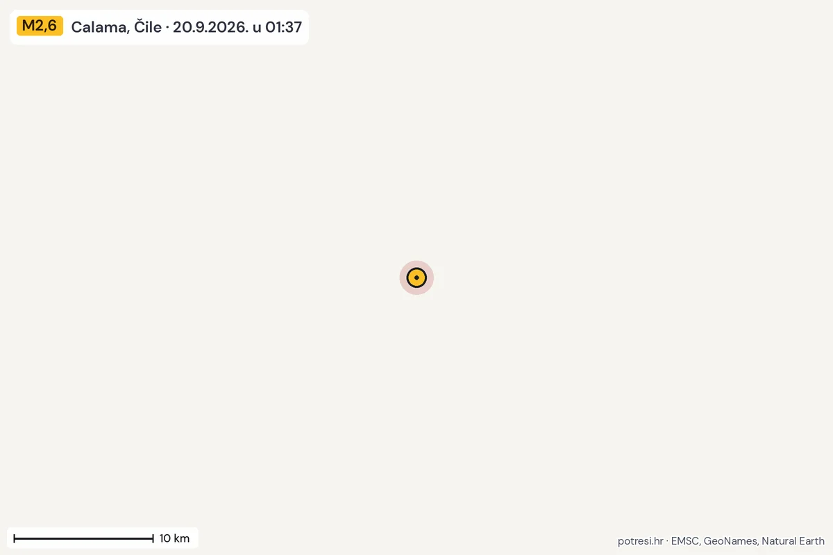 Karta: okolica epicentra, 60 km, potres M2,6, Calama, Čile, 20.9.2026.
