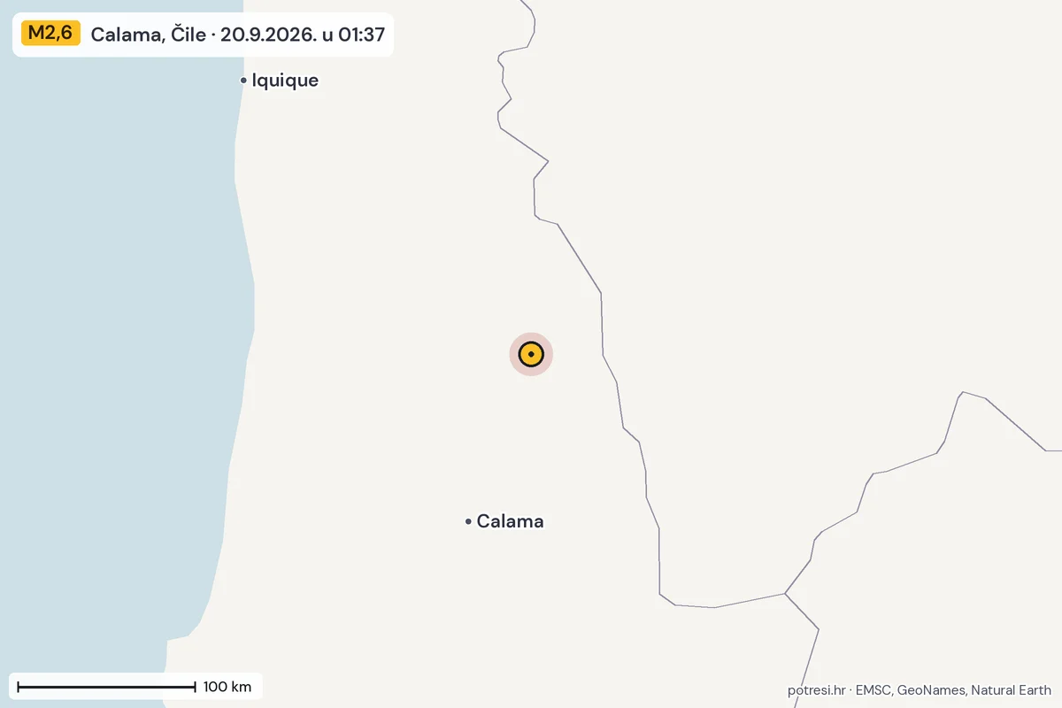 Karta: šire područje, 600 km, potres M2,6, Calama, Čile, 20.9.2026.