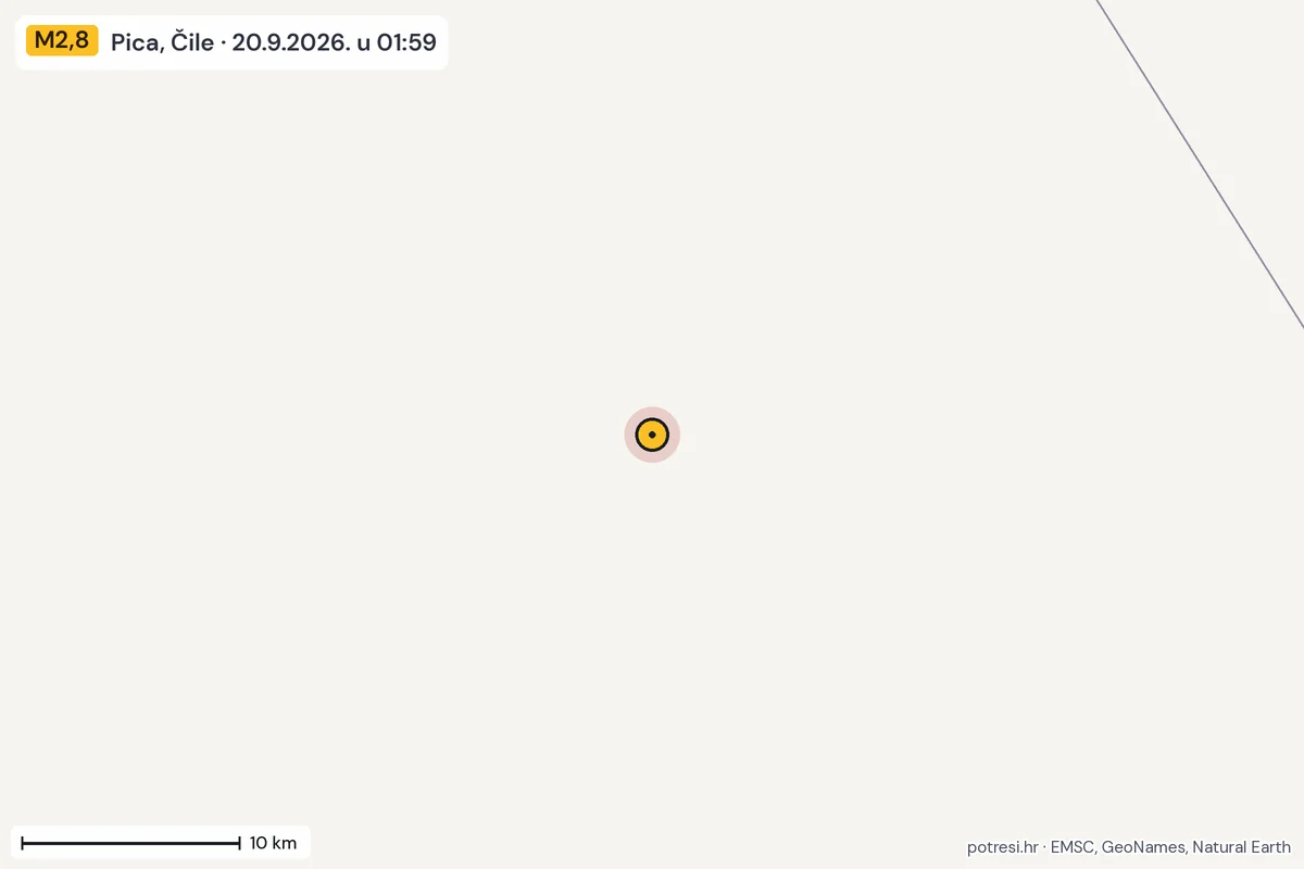 Karta: okolica epicentra, 60 km, potres M2,8, Pica, Čile, 20.9.2026.