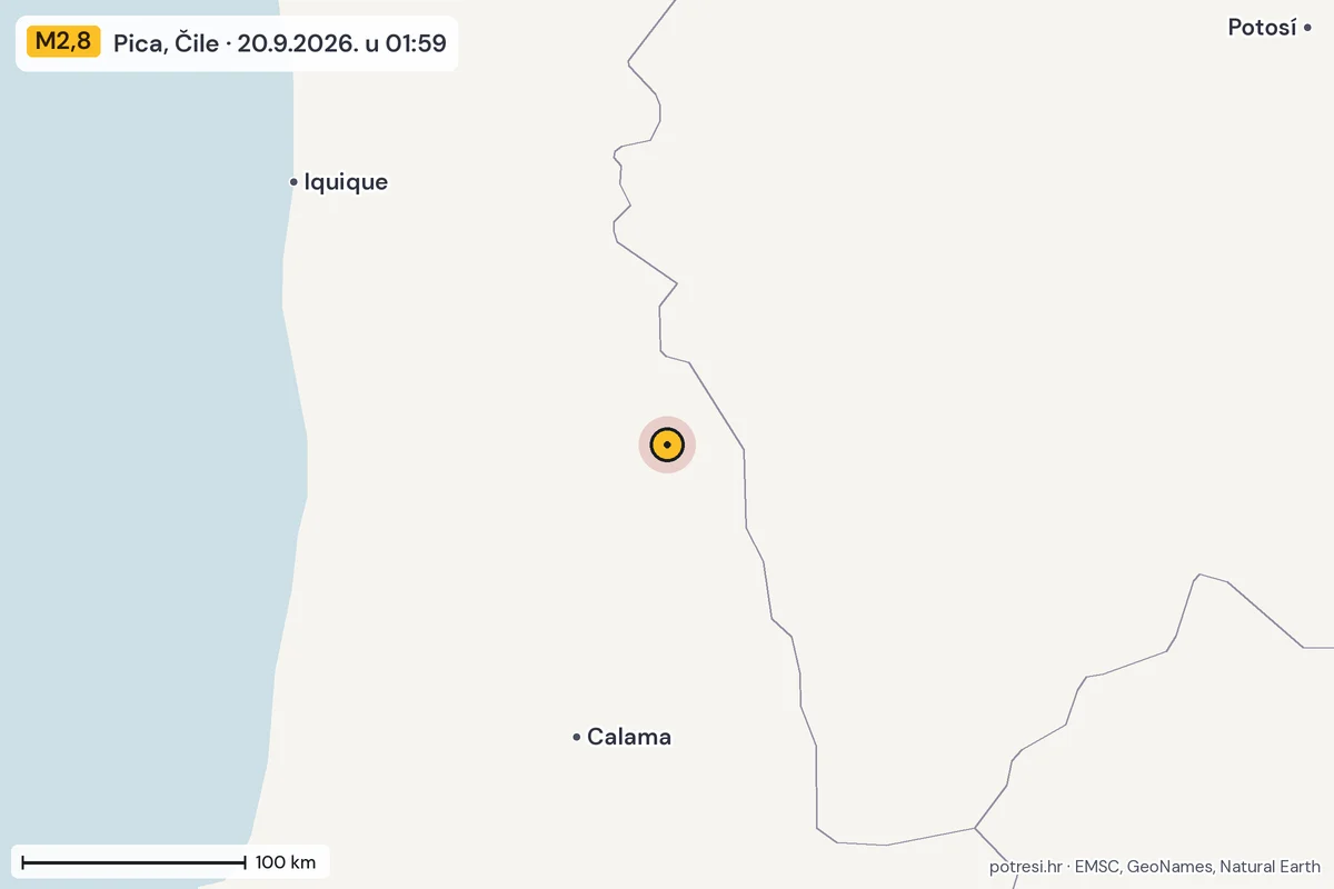 Karta: šire područje, 600 km, potres M2,8, Pica, Čile, 20.9.2026.