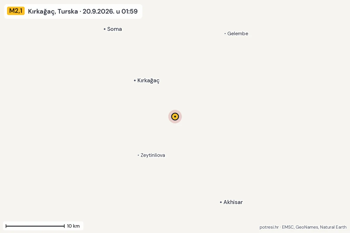 Karta: okolica epicentra, 60 km, potres M2,1, Kırkağaç, Turska, 20.9.2026.