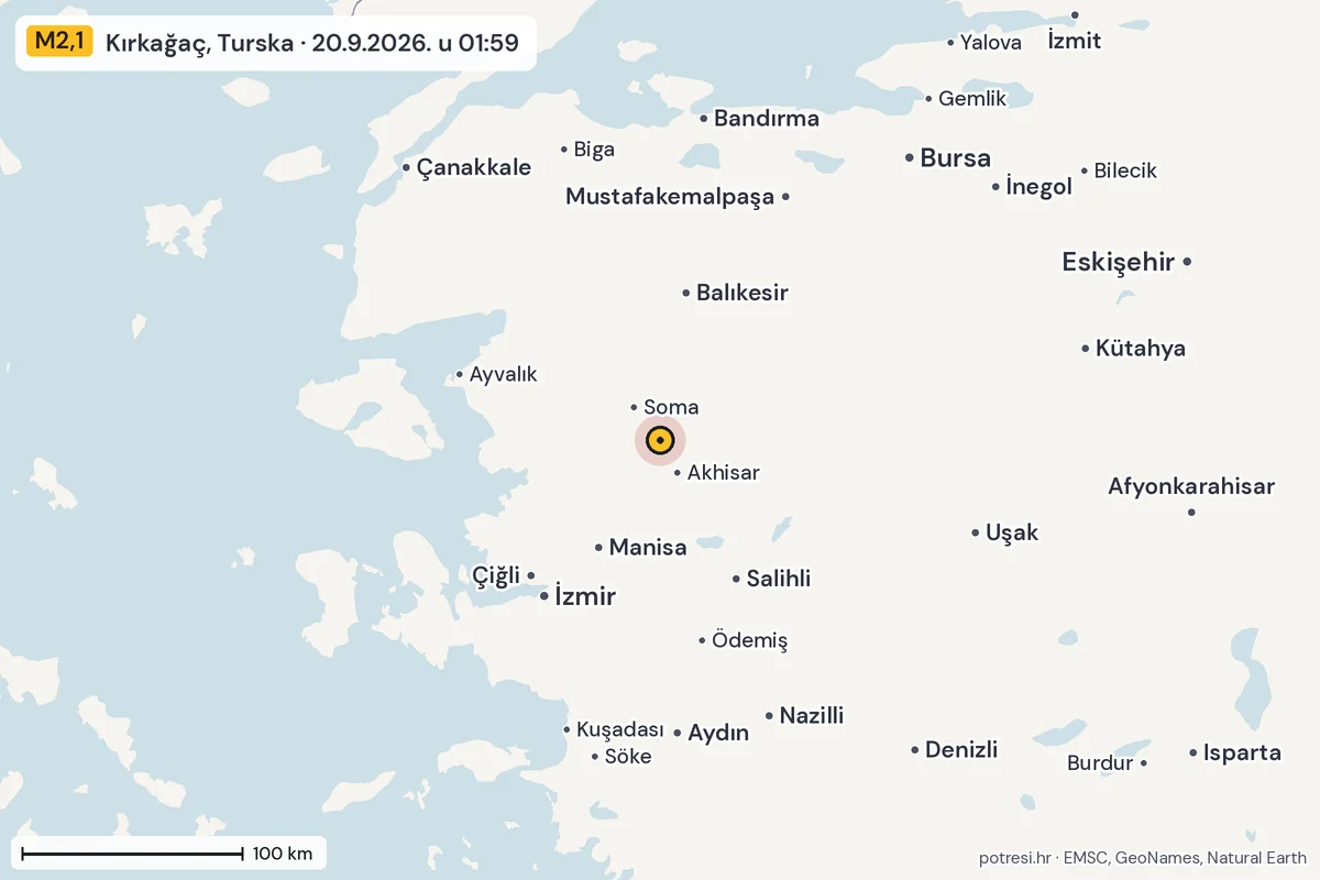 Karta: šire područje, 600 km, potres M2,1, Kırkağaç, Turska, 20.9.2026.