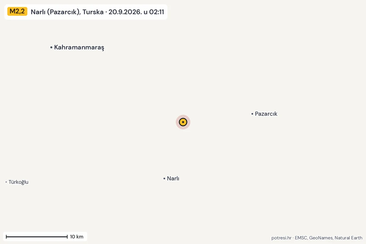 Karta: okolica epicentra, 60 km, potres M2,2, Narlı (Pazarcık), Turska, 20.9.2026.