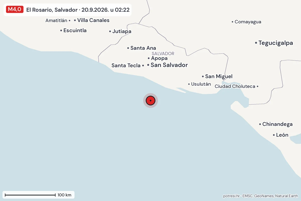 Karta: šire područje, 600 km, potres M4,0, El Rosario, Salvador, 20.9.2026.