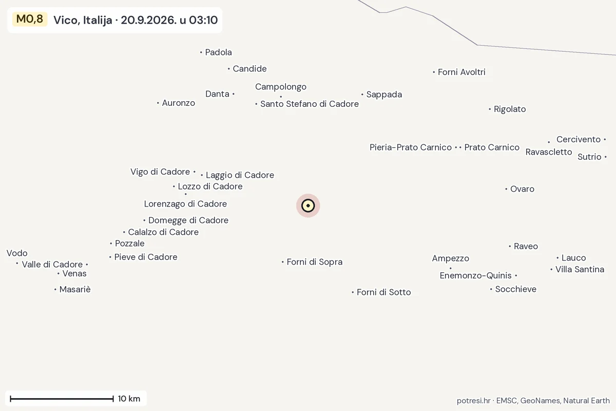 Karta: okolica epicentra, 60 km, potres M0,8, Vico, Italija, 20.9.2026.