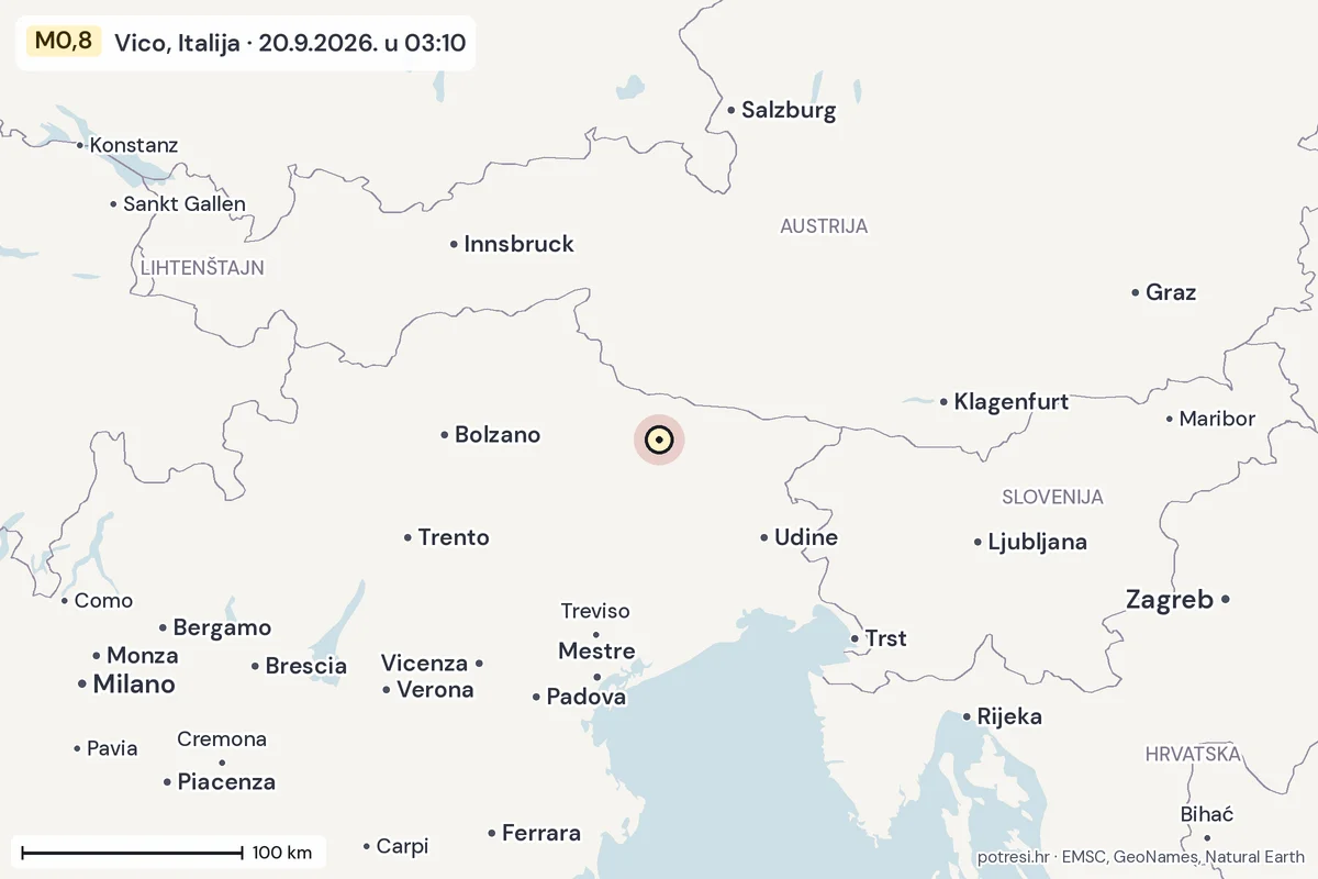 Karta: šire područje, 600 km, potres M0,8, Vico, Italija, 20.9.2026.