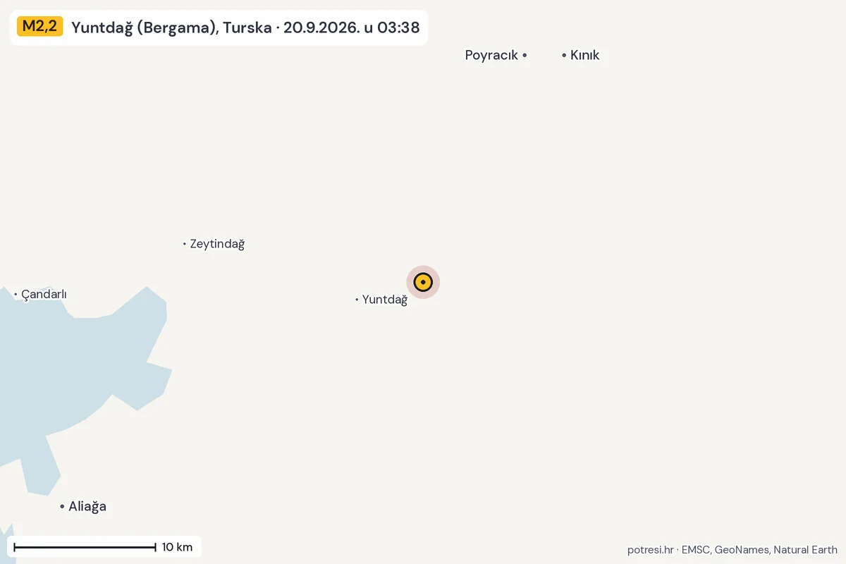Karta: okolica epicentra, 60 km, potres M2,2, Yuntdağ (Bergama), Turska, 20.9.2026.