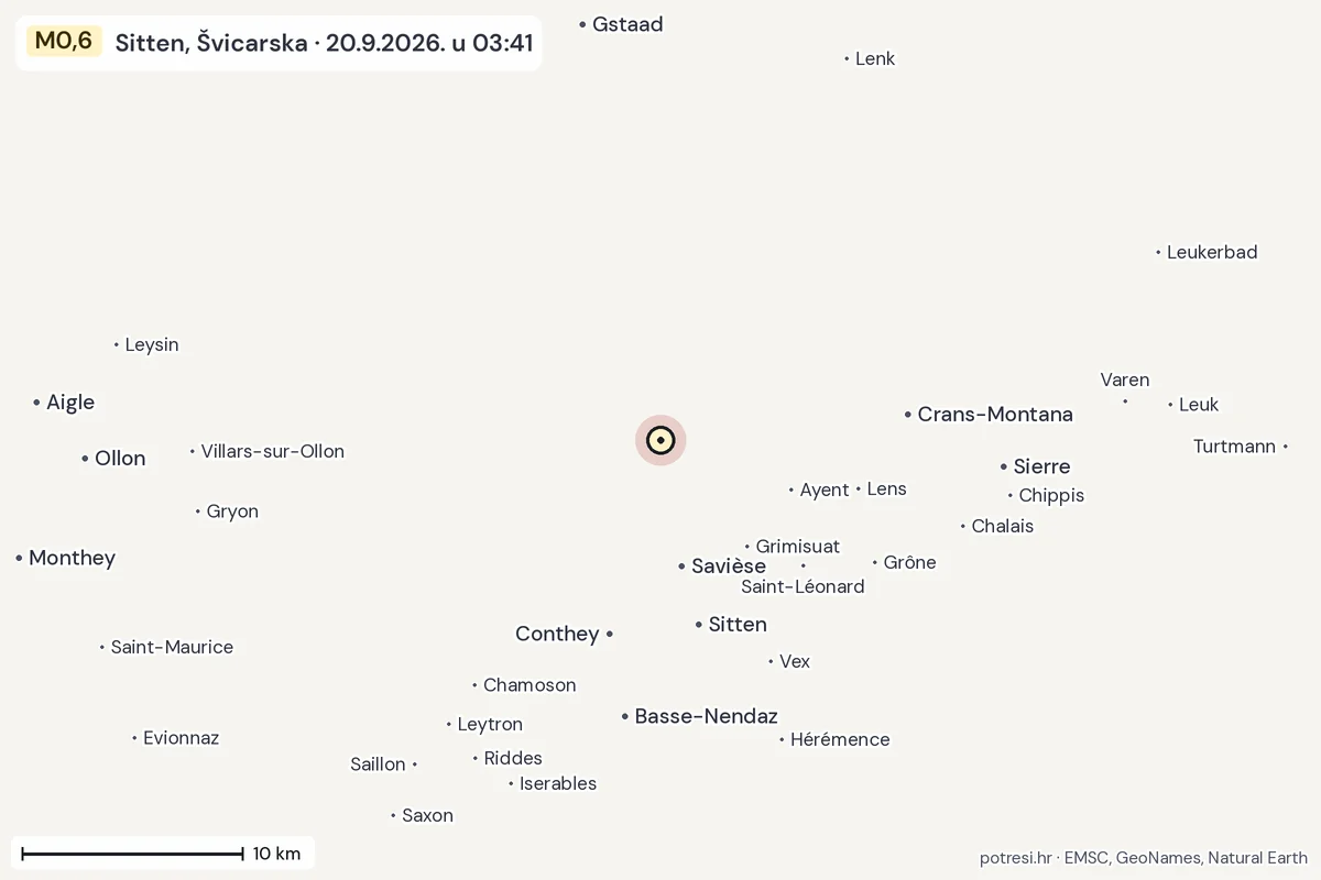 Karta: okolica epicentra, 60 km, potres M0,6, Sitten, Švicarska, 20.9.2026.