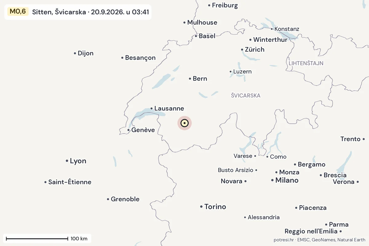 Karta: šire područje, 600 km, potres M0,6, Sitten, Švicarska, 20.9.2026.