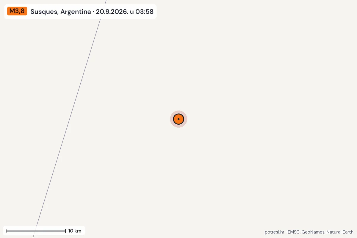 Karta: okolica epicentra, 60 km, potres M3,8, Susques, Argentina, 20.9.2026.