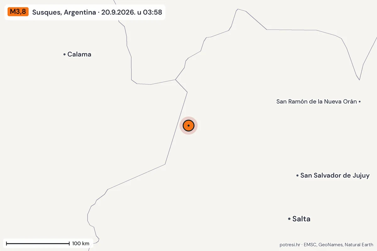 Karta: šire područje, 600 km, potres M3,8, Susques, Argentina, 20.9.2026.