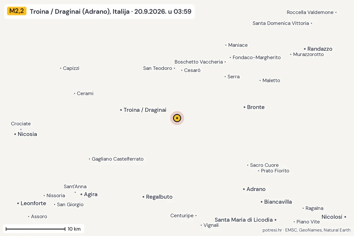 Karta: okolica epicentra, 60 km, potres M2,2, Troina / Draginai (Adrano), Italija, 20.9.2026.