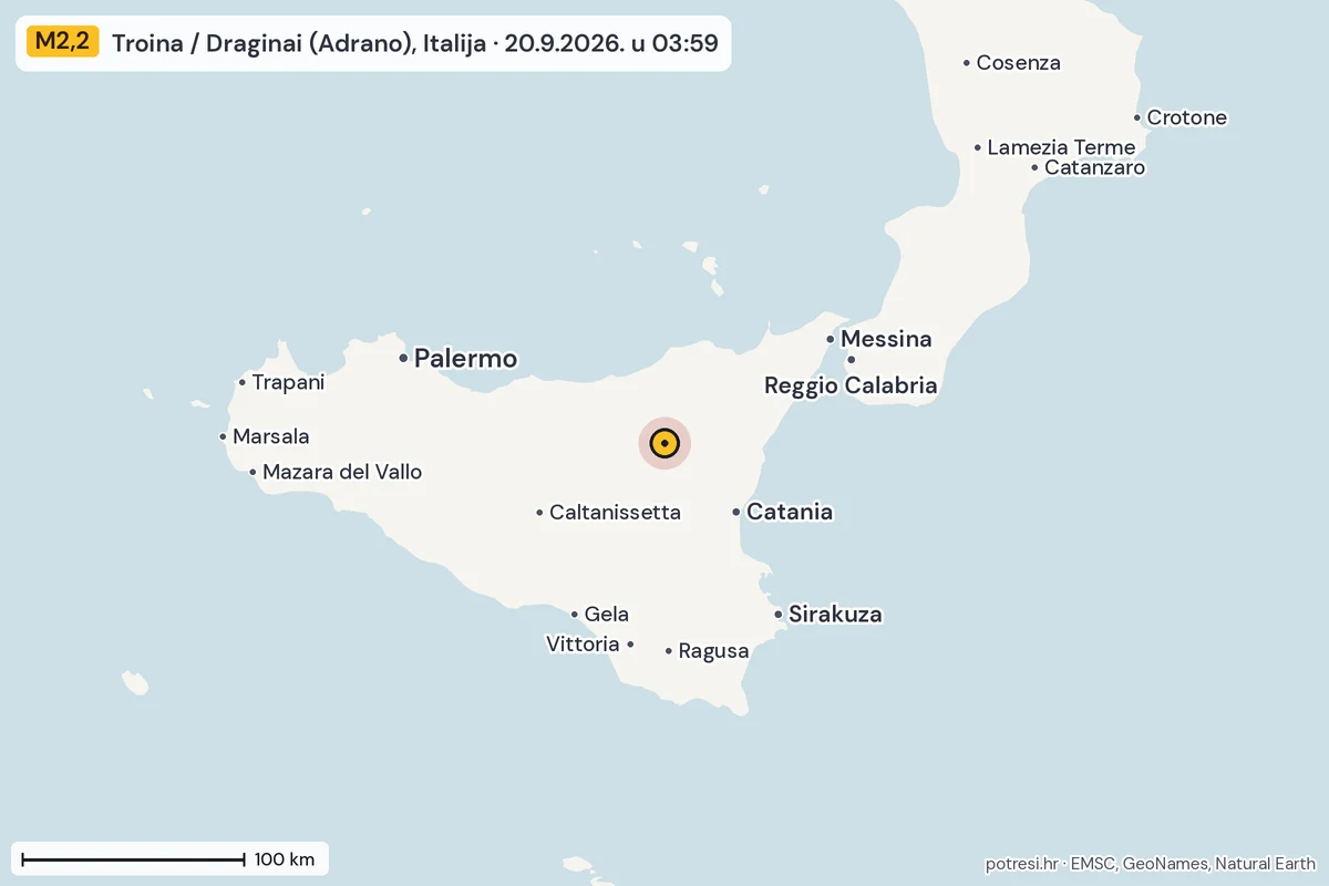 Karta: šire područje, 600 km, potres M2,2, Troina / Draginai (Adrano), Italija, 20.9.2026.