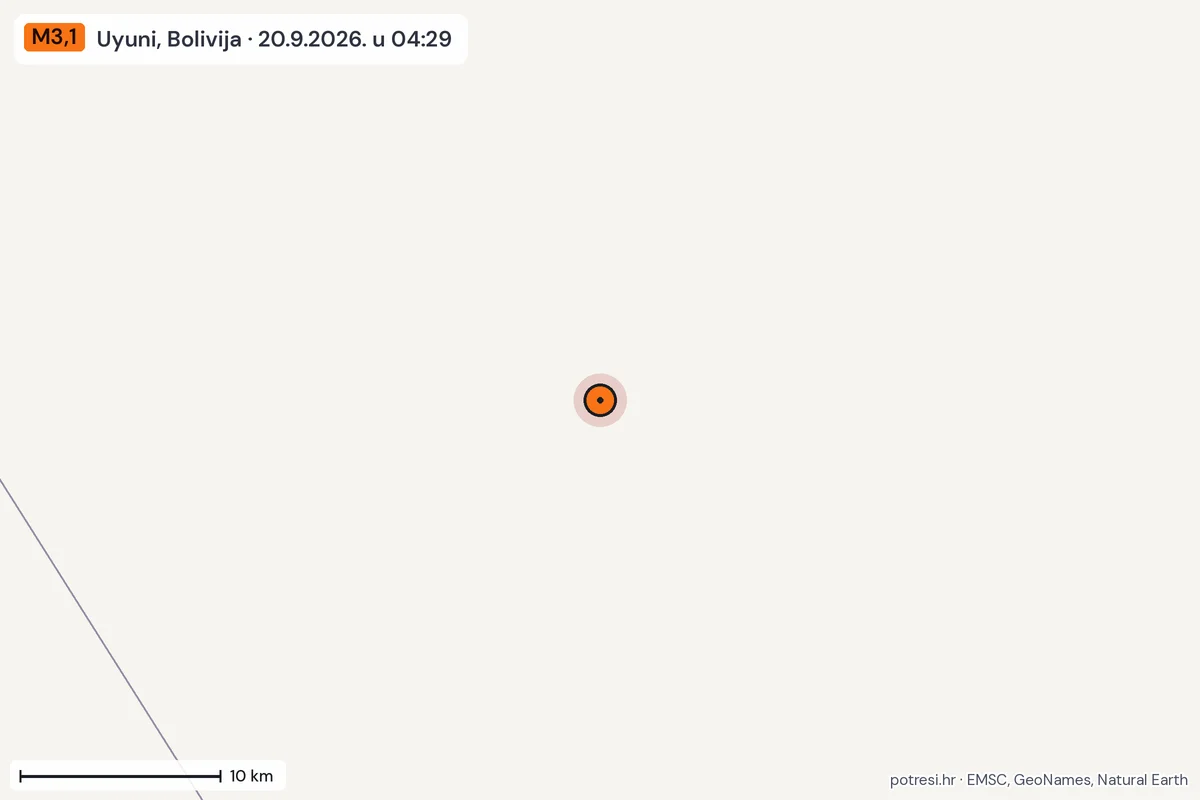 Karta: okolica epicentra, 60 km, potres M3,1, Uyuni, Bolivija, 20.9.2026.