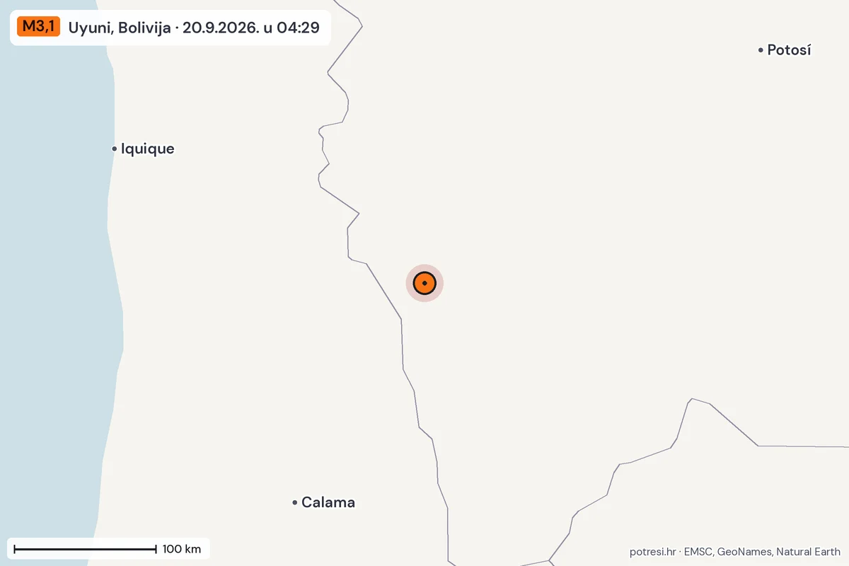 Karta: šire područje, 600 km, potres M3,1, Uyuni, Bolivija, 20.9.2026.