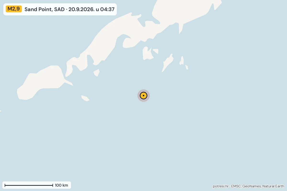 Karta: šire područje, 600 km, potres M2,9, Sand Point, SAD, 20.9.2026.