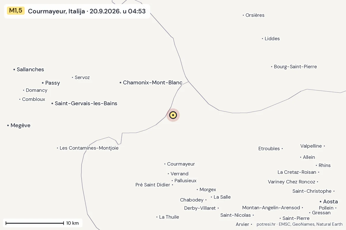 Karta: okolica epicentra, 60 km, potres M1,5, Courmayeur, Italija, 20.9.2026.