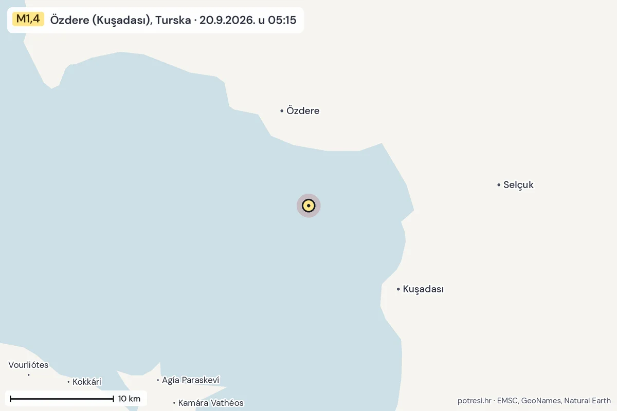 Karta: okolica epicentra, 60 km, potres M1,4, Özdere (Kuşadası), Turska, 20.9.2026.
