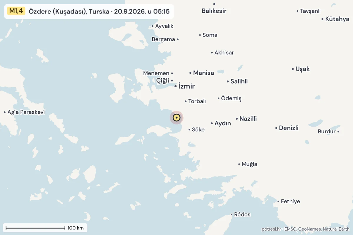 Karta: šire područje, 600 km, potres M1,4, Özdere (Kuşadası), Turska, 20.9.2026.