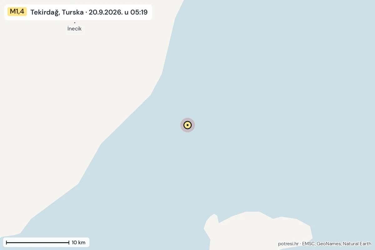 Karta: okolica epicentra, 60 km, potres M1,4, Tekirdağ, Turska, 20.9.2026.