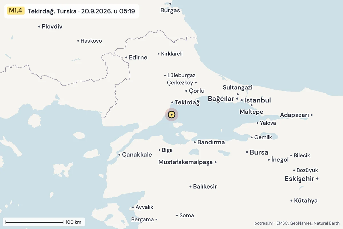 Karta: šire područje, 600 km, potres M1,4, Tekirdağ, Turska, 20.9.2026.