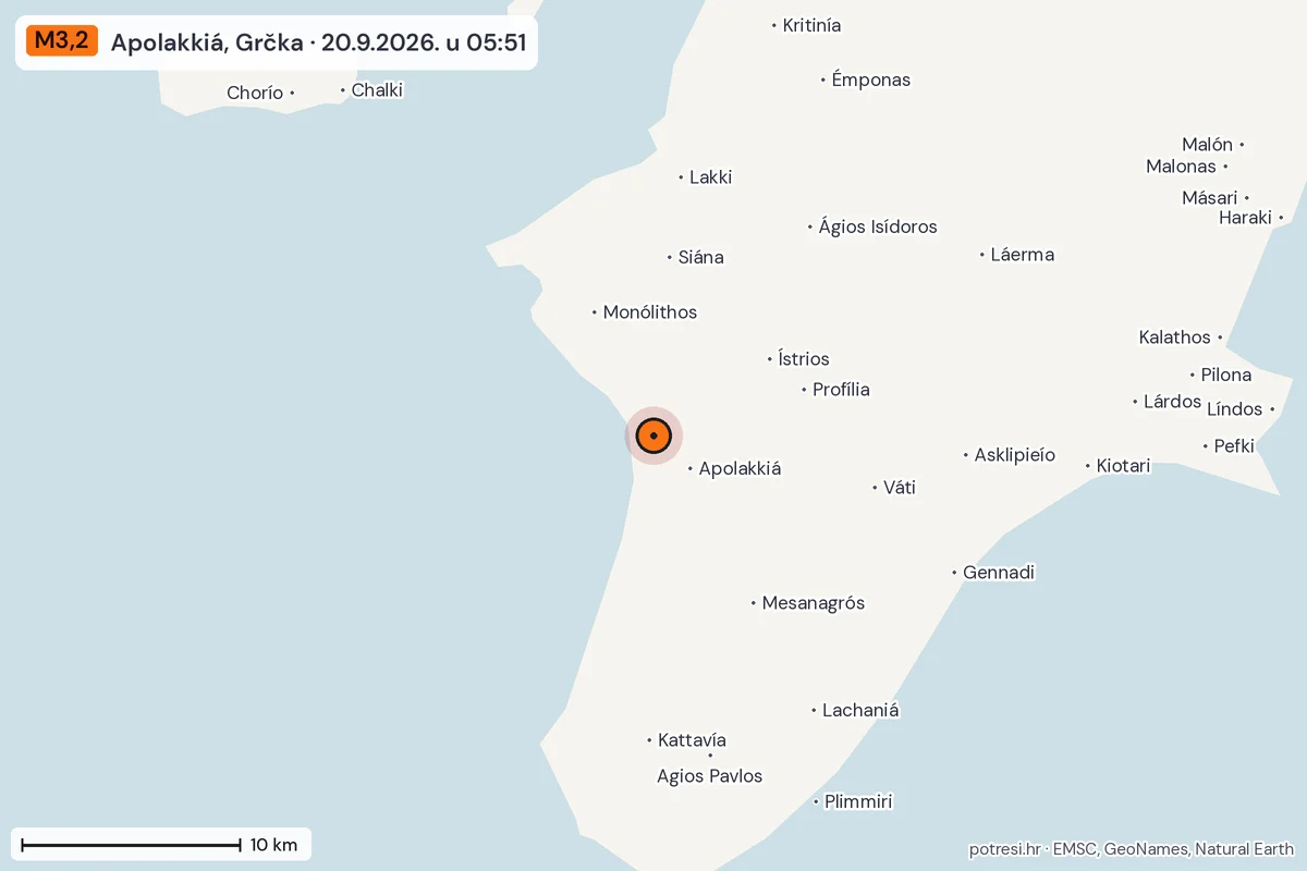 Karta: okolica epicentra, 60 km, potres M3,2, Apolakkiá, Grčka, 20.9.2026.