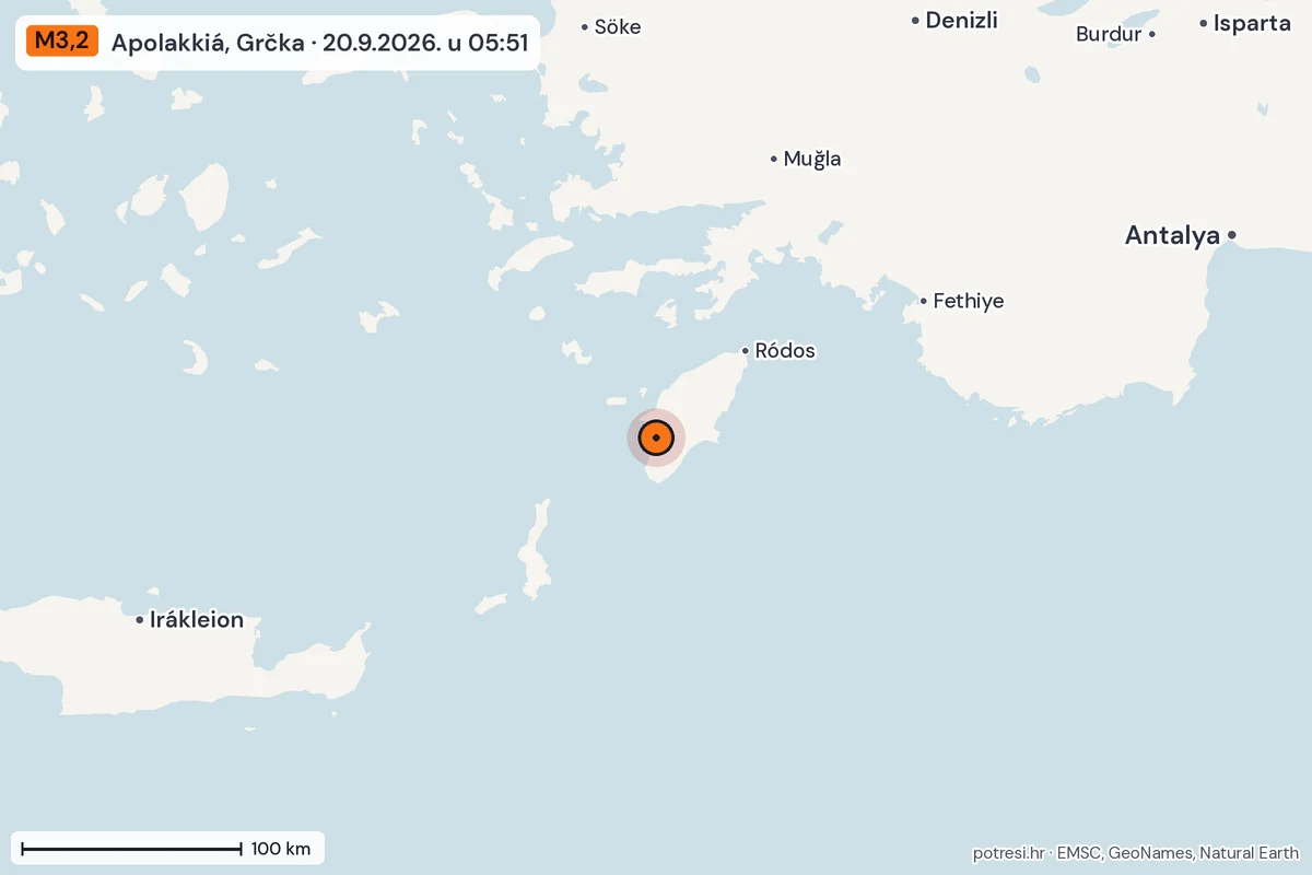 Karta: šire područje, 600 km, potres M3,2, Apolakkiá, Grčka, 20.9.2026.