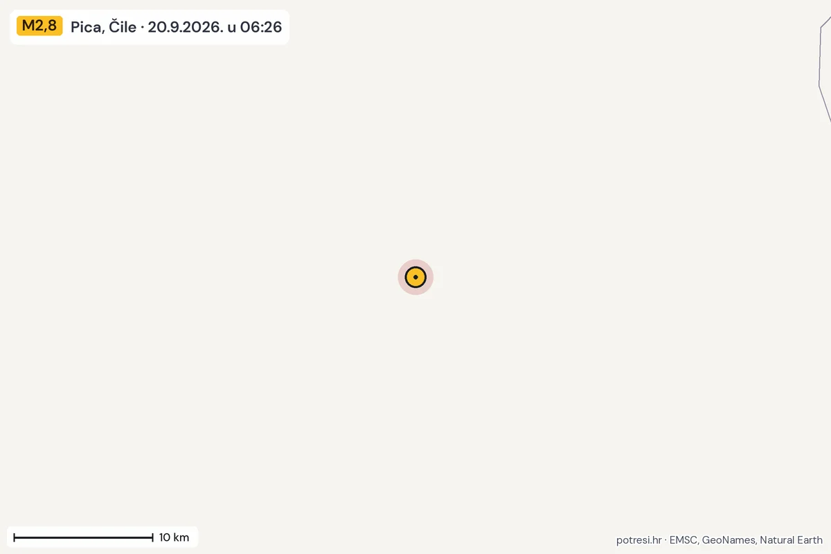 Karta: okolica epicentra, 60 km, potres M2,8, Pica, Čile, 20.9.2026.