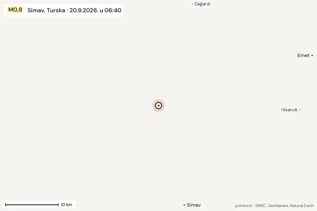 Karta: okolica epicentra, 60 km, potres M0,8, Simav, Turska, 20.9.2026.