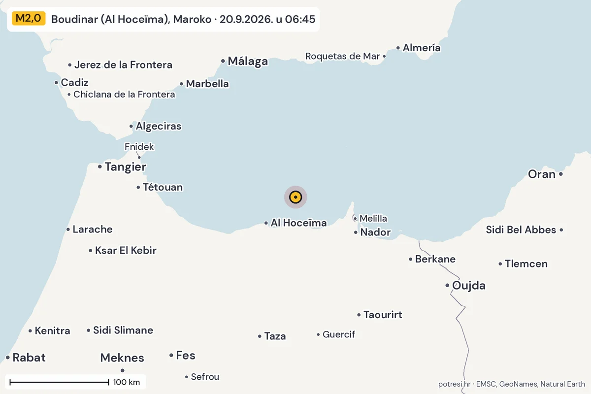 Karta: šire područje, 600 km, potres M2,0, Boudinar (Al Hoceïma), Maroko, 20.9.2026.